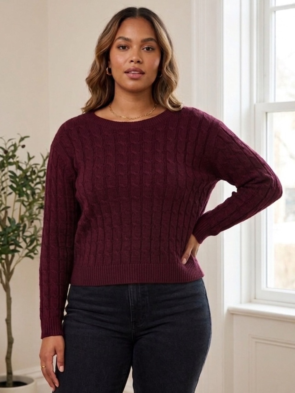Crew Neck Sweater with Ribbed Texture